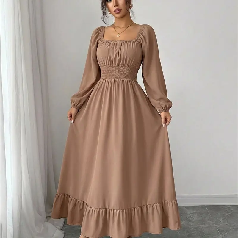Spring & Fall Casual Lady Womenswear Square Neck Long Sleeve Ruched Waist Pleated Beach Vacation Mid-Length Solid Color Dress Casual Elegant Dresses Boho Fashion Dress Style Elegant Dresses With Sleeves