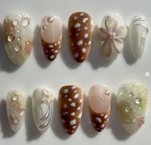 Bambi Forest Press On Nails, 3D Flower & Dried Leaf Nail Art, Fawn Spot Brown Nude Design with Dew Drops, Soft Handmade Woodland Aesthetic Set