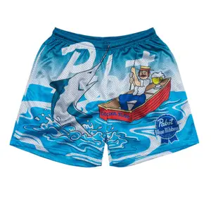 Pabst Blue Ribbon Anime Fishing Shorts Blue Unisex Sports Double-Layered Inner Shorts Full Print Drawstring Design Men Women Mesh Basketball Shorts 4 Pockets 5.5 Inseam