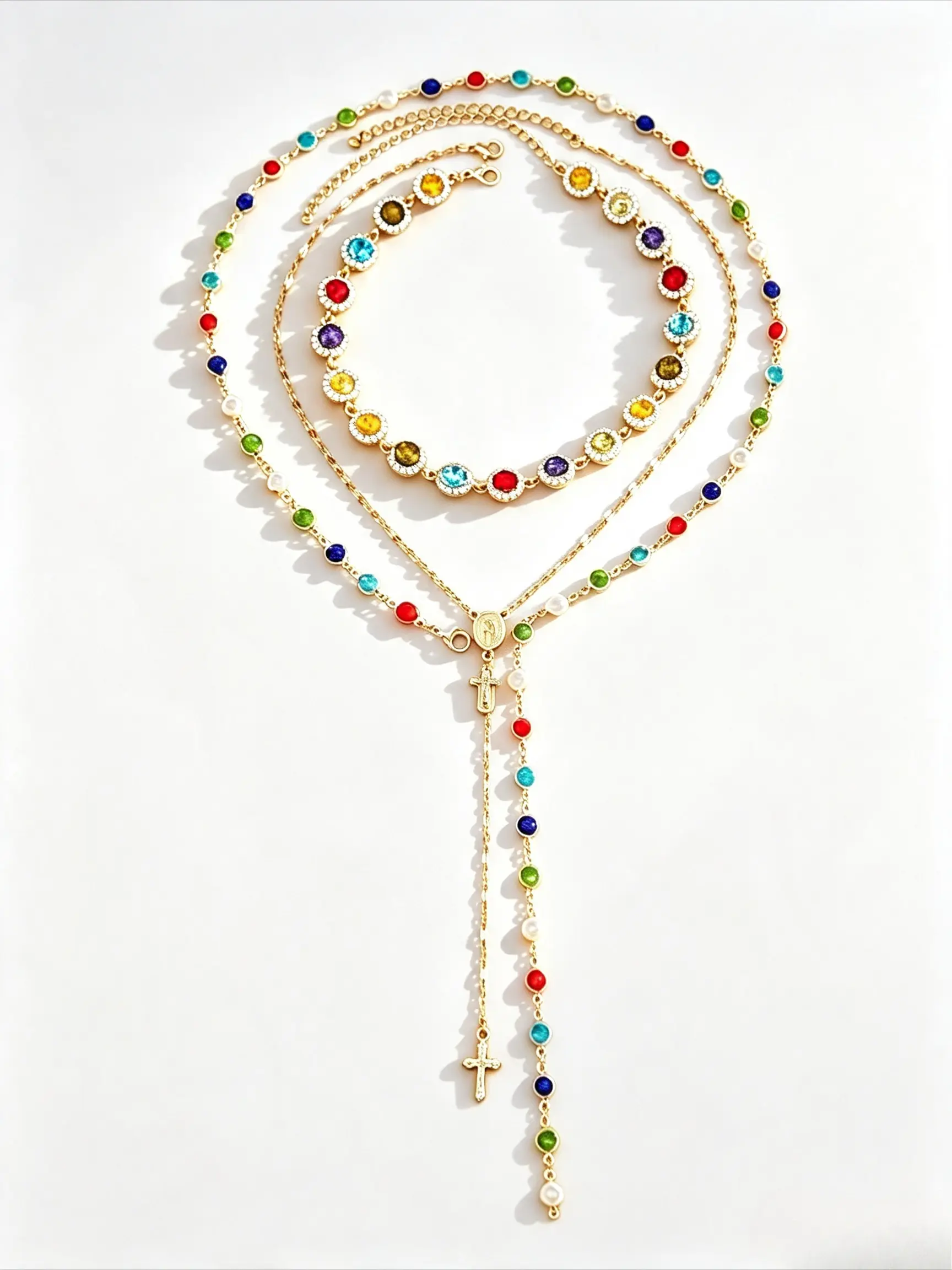 Women’s Boho Crystal Stackable Necklace Set, Colorful Rainbow Crystal Cross Pendant Layered Necklaces, Gold Alloy Stack Necklace, Boho Chic Jewelry for Women, Daily Casual Outfit, Holiday Gift