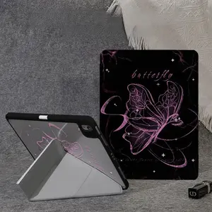 Butterfly Rhyme Line Pattern with Adjustable Bracket and Pen Slot, Foldable Anti Slip Y-Fold TPU Protective Cover, Suitable for Samsung, iPad Mini, iPad Air, iPad Pro/iPad 10th and 11th Generation Series iPad Protective Cover