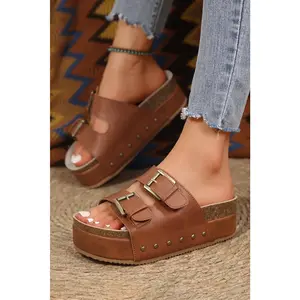 Chestnut Dual Buckle Studded Platform Sandals