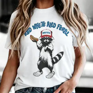 USA Red White Feral Racoon Graphic Tee Vintage dog Party America Patriotic Racoon Tshirt Trucker Hat Dog Eating Redneck Shirt Unisex Casual Womens Top