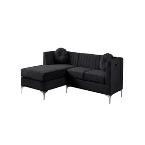 Marigot  in Black Velvet Sectional Sofa Chaise with USB Charging Port