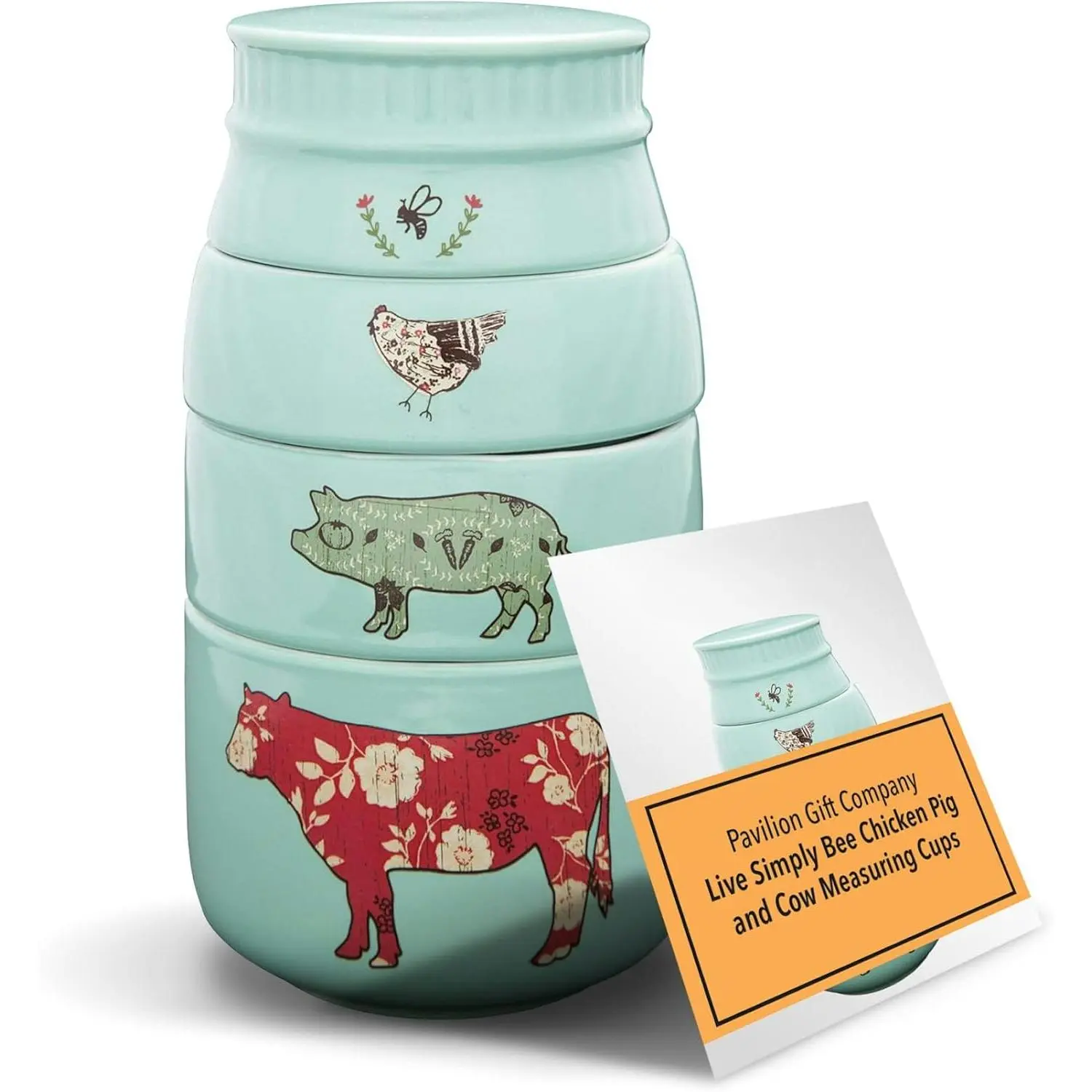 'Live Simply Bee, Chicken, Pig, and Cow' - 4-Piece Stoneware Measuring Cups Set, Sturdy Farmhouse-Style Kitchenware for Home Baking, Cooking, Gifting - Teal, 8 Ounces