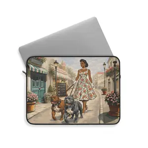 Haus of Kongossa Laptop Sleeve - Fits 12-15", Vintage Strut Scoops & Pups Art, Floral Dog Illustration, Foam Padding, Zippered Top, Device Safety, Mother's Day Gift