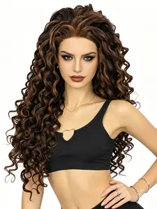 Dark Brown with Caramel Highlights Big Curly Lace Wig, High Temperature Fiber, Pre-Plucked Hairline, Voluminous Retro Style, Breathable, for Y2K, K-POP, Everyday, Parties, Stage & Women