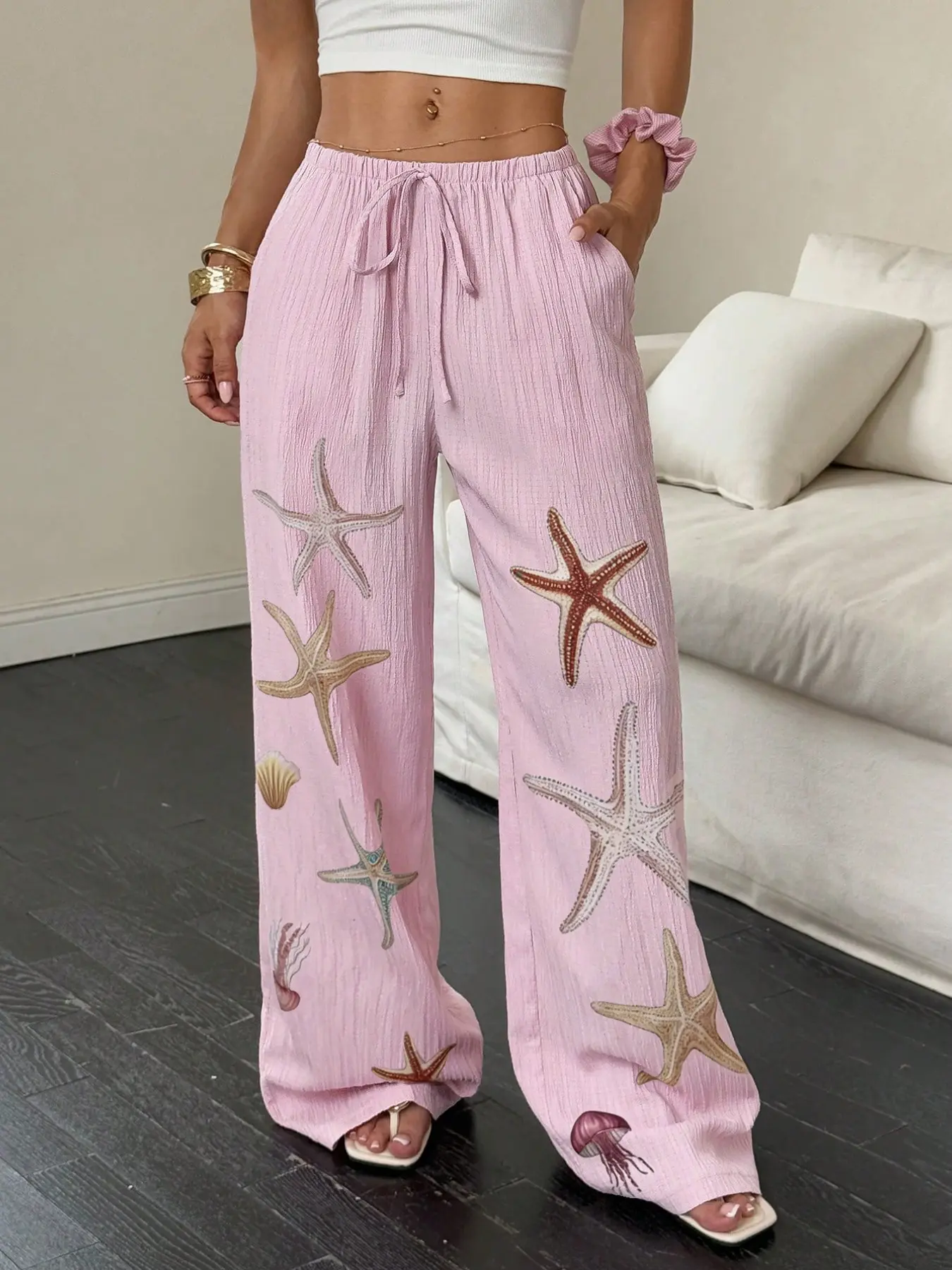 Women's Starfish Pattern Drawstring Wide Leg Pants, Casual Streetwear Pants, Casual Street Trousers, Striped Decoration, Elastic Waist Design, Adjustable, Comfortable and Fashionable, Daily Wear, Womenswear