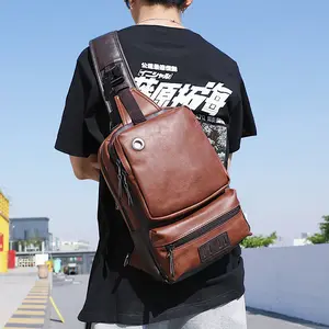 Two-tone men's chest bag, crossbody bag, two-tone PU leather casual street shoulder bag, outdoor sports chest bag, large-capacity multifunctional trendy chest bag