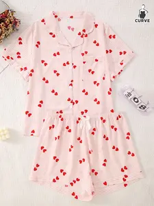 Valentine's Day Plus Size Women's Bubble Pleated Homewear Striped Heart Print Short Sleeve Shorts Open Front Pajama Set