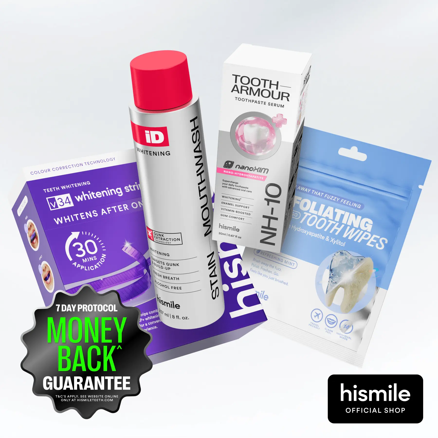 [Hismile] Ultimate 7-Day Whitening Protocol, 4 Products, Ultimate Results, iD Stain Whitening Mouthwash, Tooth Armour Nano-Hydroxyapatite Toothpaste, Exfoliating Tooth Wipes, V34 Purple Whitening Strips