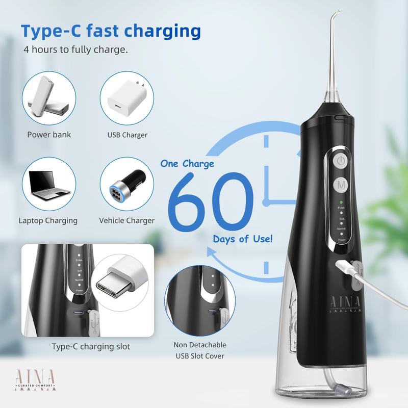 AINA  All-in-1 Water Flosser & Brush - 4 Modes, 6 Jet Tips, 310ml Large Tank & braces tips - Cordless Portable Rechargeable Oral Irrigator for Home & Travel - IPX7 Waterproof Dental Cleaning (Black)