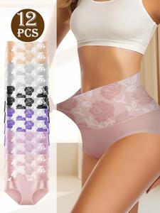 QUASTI Women's 12pcs High-Waist Colorblock Cotton Panties, Comfortable Elegant Sexy Smooth Light, High-Elasticity Tummy Control, Hip Lifting, Breathable, Printed, Seamless Soft Lingerie Briefs, S-XXL