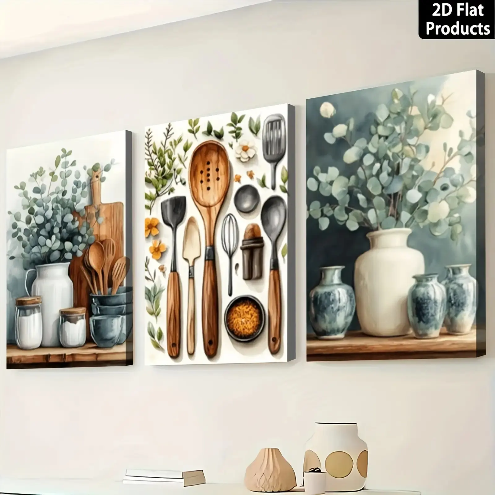2D Flat-3-Piece Set of Canvas Paintings Framed in Wooden Frames, Kitchen Wall Art Set with Green Spices and Kitchenware Theme, Home Decor Canvas Prints, Suitable for Modern Wall Decoration in Living Room and Kitchen,Home Office Wrapped Canvas
