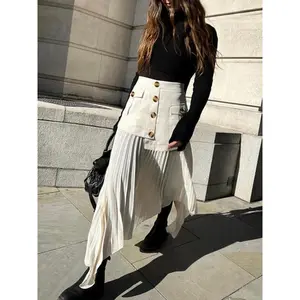 PatchworkAsymmetricalPleatedButtonedMidiSkirt