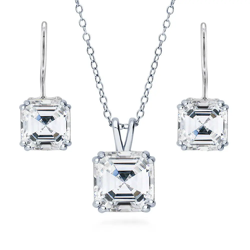 BERRICLE Sterling Silver Solitaire Necklace and Earrings Set for Women, 3 Carat/3.2 Carat Asscher Cut Cubic Zirconia CZ