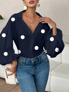 A new niche fashionable casual French polka half-open collar design loose bubble long-sleeved blouse top