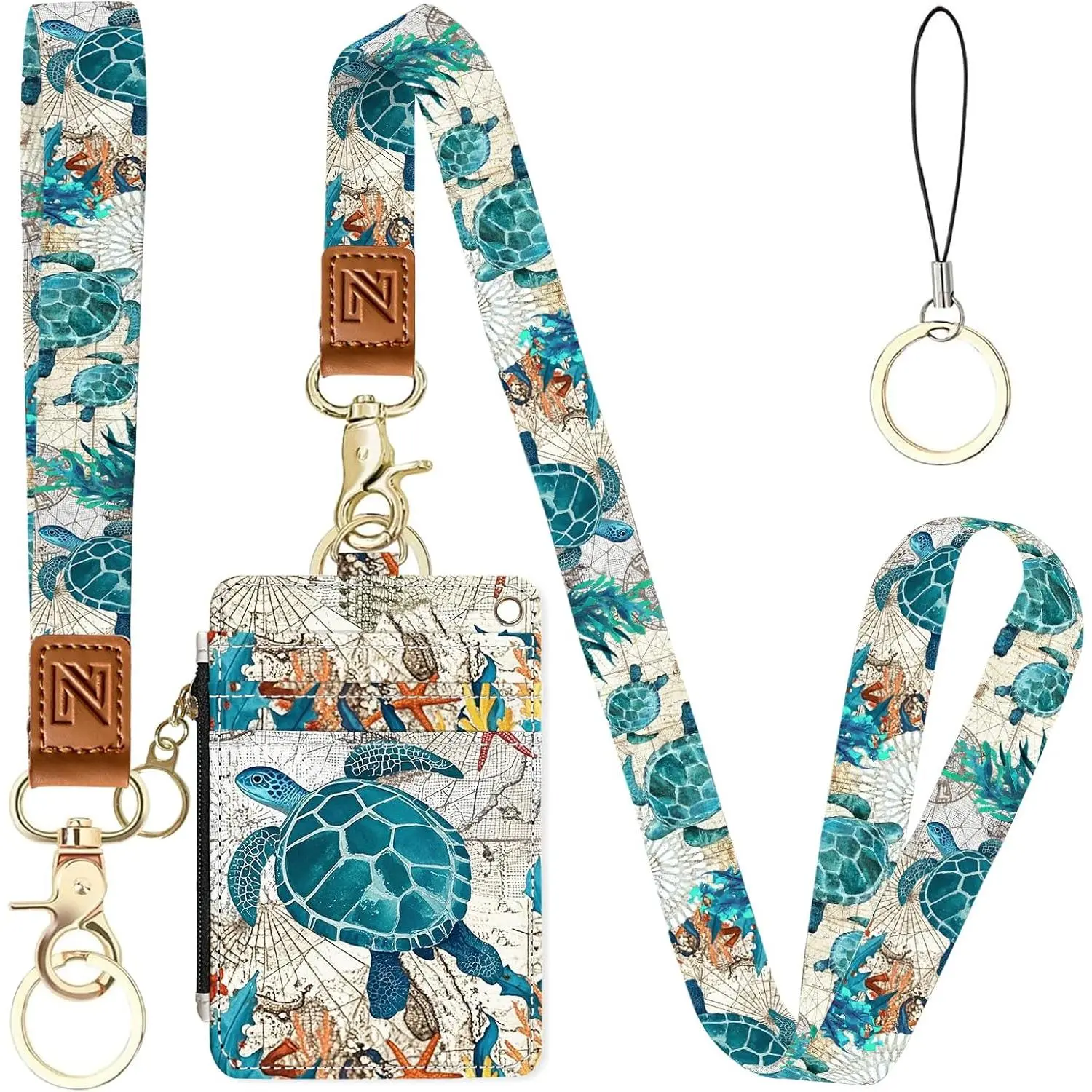 Sea Turtle 2-in-1 ID Badge Holder & Lanyard Wallet for Teachers,Nurse,Professionals-Cute Zippered  Pouch,Removable Wristlet &  Lanyard,5 Card Slots Stylish Work Essential 2