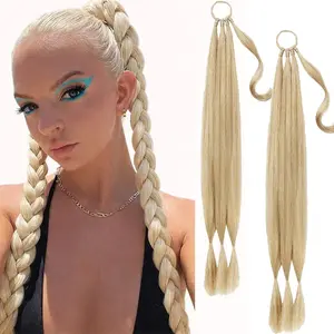 Long Braid Ponytail Extension with Hair Tie Long Straight Wrap Around Hair Extensions Ponytail Soft Synthetic Hair Medium blonde 32 Inch Clip In
