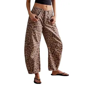 Women's Baggy Barrel Jeans Casual Boyfriend Mid Rise Leopard Printed Wide Leg Denim Ankle Pants