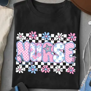 Preppy Checkered Nurse Blue Floral Graphic T-Shirt, Soft Cotton Crewneck Tee for Nicu RN CNA, Everyday Wear, Stethoscope Shirt, Comfortable & Durable Womenswear