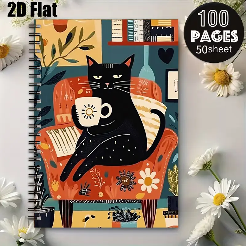 1 Spiral Coil Notebook 5.7x8.26 inch, Cute Black Cat Design, Durable Binding, Perfect for Daily Journaling, Study Notes, Travel Diaries, Birthday Gift for Cat Lovers, Back to School Supplies, Home Office Stationery [2D] Flat