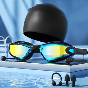 Swimming goggles/diving goggles/swimming four-piece set/adult high-definition waterproof anti-fog electroplated large-frame swimming goggles