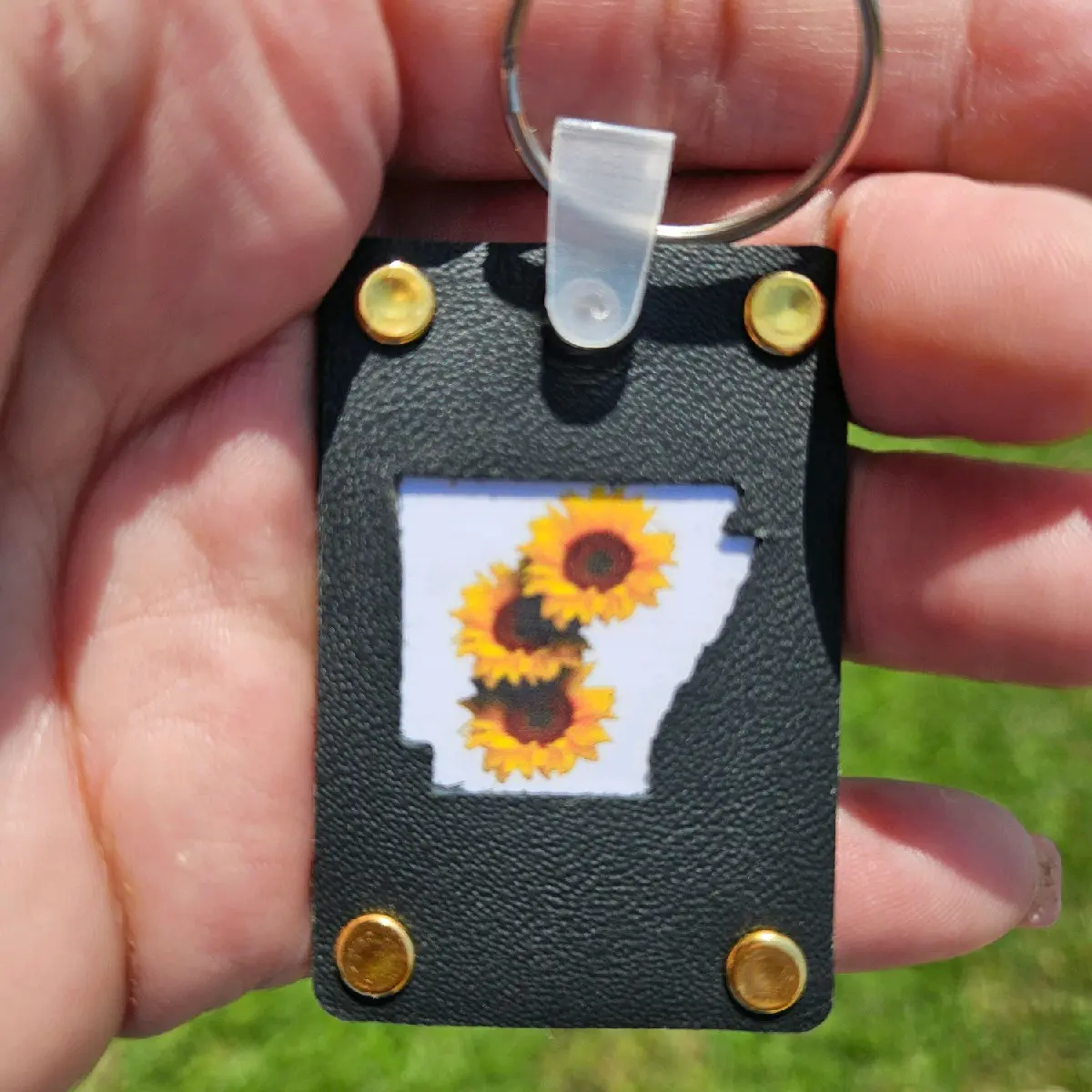 Genuine Leather Arkansas Cutout Keychain with Sunflowers