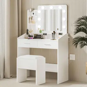 Vanity Desk with Power Outlet & Large Mirror with LED Lights – 7 Drawers, Cushioned Stool, Adjustable Light Color, Dressing Table with Hairdryer Holder.