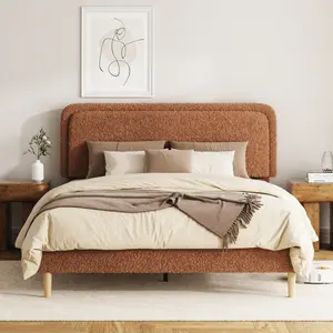 Queen Size Bed Frame with Adjustable Headboard, Plush Upholstered Queen Platform Bed with Metal Frame & Wooden Slat Support, No Box Spring Needed, Brown