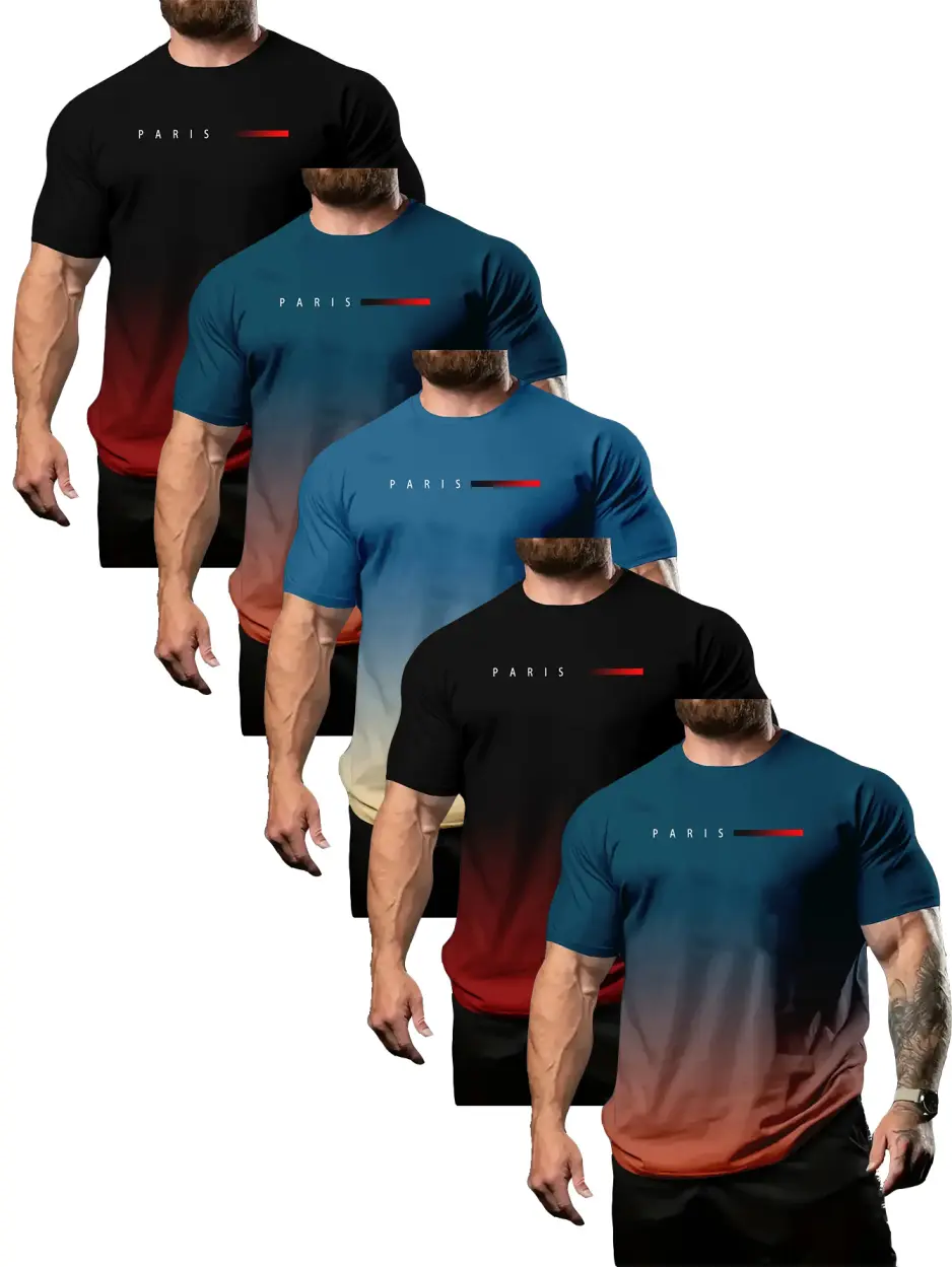 MTTYYD Men's 5-Pack Gradient Graphic T Shirts, Breathable Polyester Mesh, Slim Fit Crew Neck for Summer Dating & Daily Wear