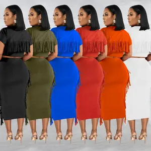 FashionableStyle Solid Color Fringe Round Neck Short Sleeve Long Dress Two-Piece Set