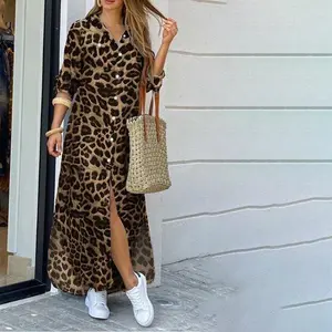 Trendy Leopard Print European and American Women's Clothing Fashion Skirt Split Long Shirt Dress
