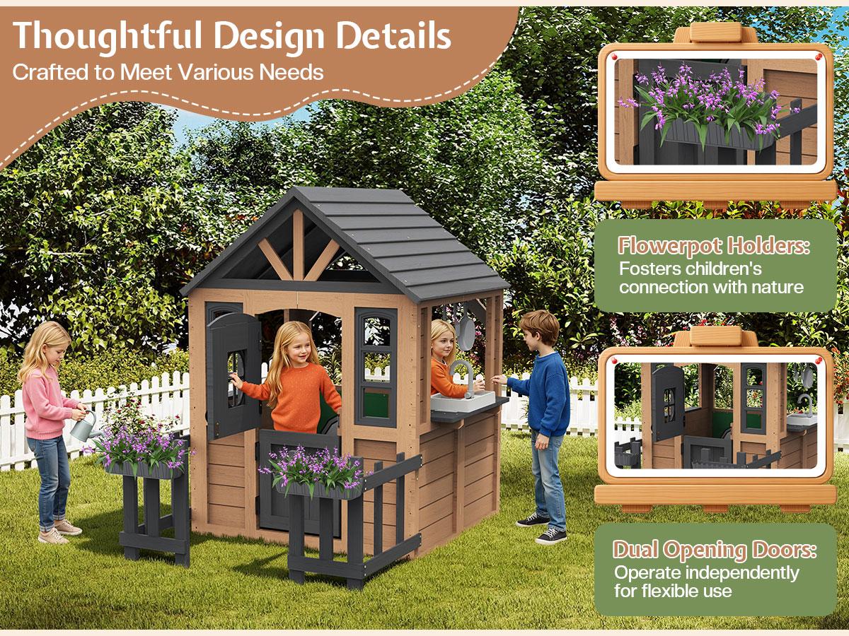 ALBOTT Kids Outdoor Wooden Playhouse with Kitchen Set, Durable Fir Wood Construction with Waterproof Roof & Rust-Resistant Hinges, Pretend Playhouse for 3–8 Years Old Boys & Girls