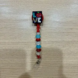 Badge Reel - Colorful Beaded Necklace with Pink and Black Beads, Includes Decorative Bead & Clasp, Clip & Retractable String with Card Holder