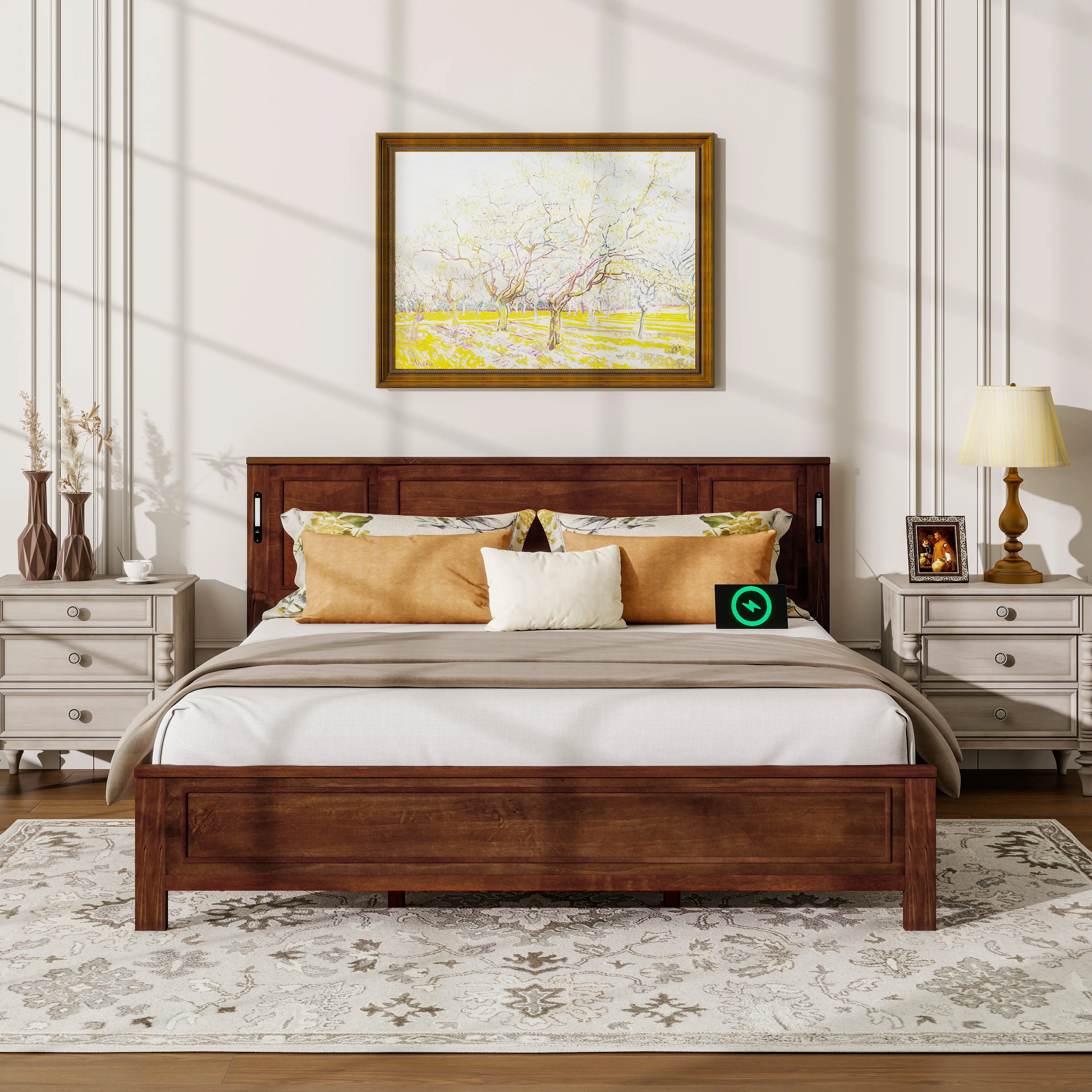 King Size Bed with Tall-Panel Headboard & Footboard, Built-in LED Lights, USB Charging Station, Pine wood Bed with Strengthened big platform Bed Frame