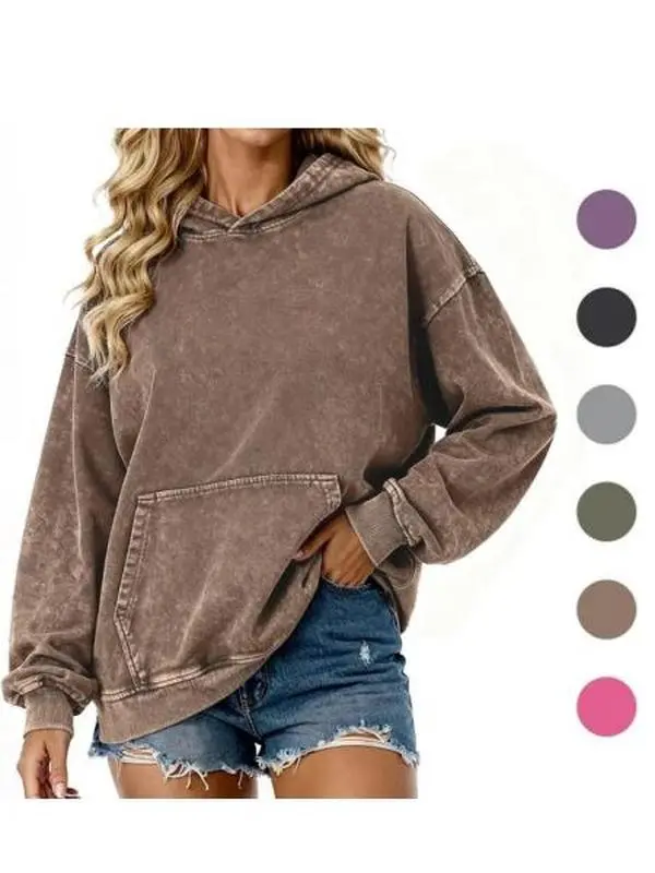 Women's Oversized Acid Wash Hoodie - Round Neck Cotton Pullover with Kangaroo Pocket, Foldable for Work and School,back to school,back to school shopping