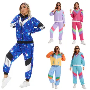 Women's Color Block 2 Piece 80s 90s Outfits Long Sleeve Windbreaker Jacket Tracksuit Set