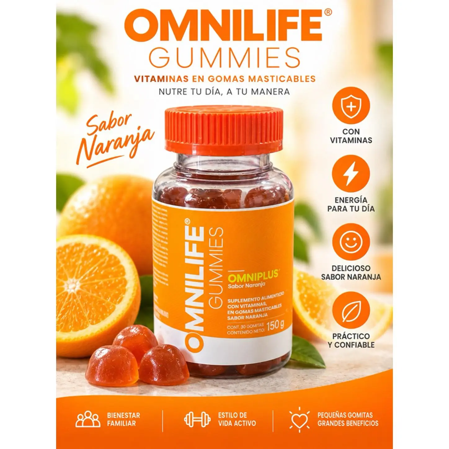 OML Gummies OMNIPLUS - Orange Flavor, 30 Chewable Gummies with 10 Vitamins, Chicory Inulin, Botanical Extracts, 10 Calories per Serving, Dietary Supplement