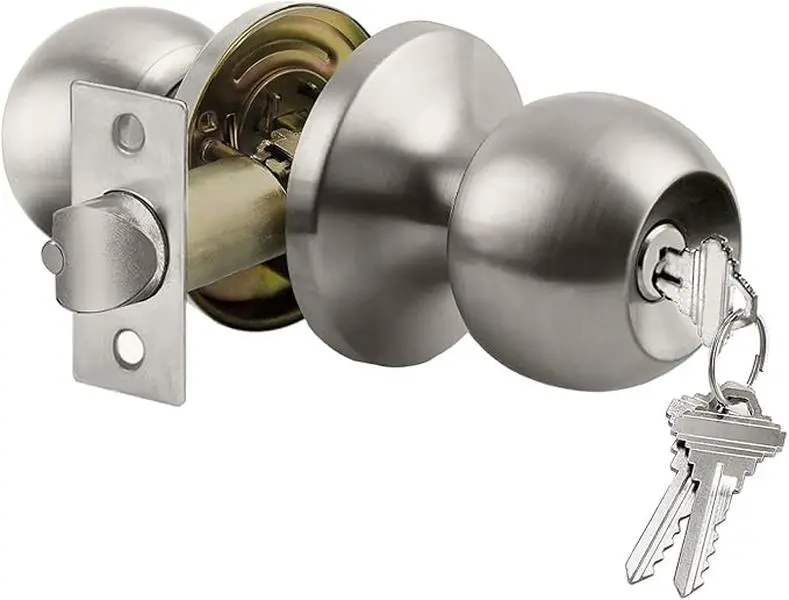 Keyed Entry Door Knob with Lock, Standard Ball, Satin Nickel, Interior and Exterior Door Lock