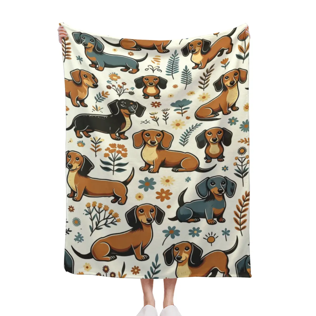 Cute Dachshund Floral Flannel Throw Blanket, Adorable Sausage Dog with Boho Flowers Print Ultra Soft Cozy Lightweight Plush Fleece Blanket, Decorative Warm Blanket for Sofa Couch Bed Camping, All Season Gift for Dog Lovers