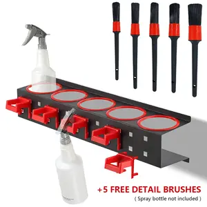 Ultimate Car Wash Kit: 5-Piece Detailing Brush Set with 5 Adjustable Hooks & Multi-Functional Spray Bottle Rack (Holds 5 Bottles) -  Perfect Gift for Car Enthusiasts