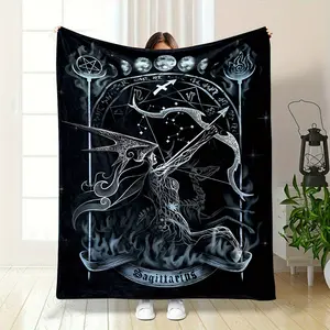 300GSM1pcContemporaryReversibleFlannelFleeceThrowBlanket,DigitalPrintSagittariusZodiacSign,CartoonThemed,All-SeasonCozyLightweightNapBlanket,DurablePolyester