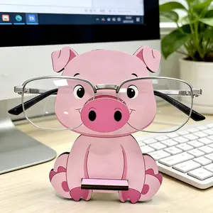 Cute pig shaped glasses holder, wooden display stand, very suitable for home desktop decoration, suitable for home office desktop decoration, bedside table, birthday gift (excluding glasses) Desk Organizer Tidy, Cute Desk Accessories