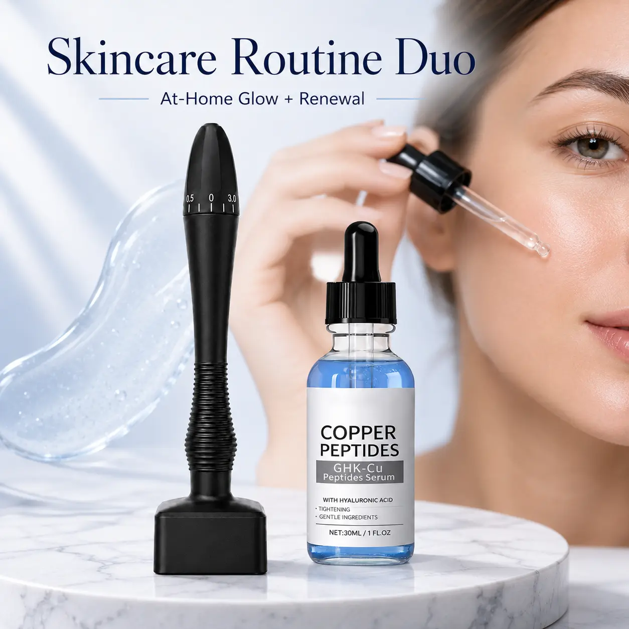 Microneedle Stamp Tool Kit with Copper Peptide Serum, Adjustable Skincare Stamp for At-Home Beauty Routine, GHK-Cu Peptides Facial Serum with Hyaluronic Acid for Smooth-Looking Skin Care