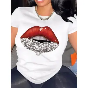 Women's Plus Size Lip Print T-Shirt - Casual Short Sleeve Crew Neck Top, Breathable, Vibrant Red Lips Design with Rhinestones, Perfect for Summer & Spring, Spring Casual Wear|Relaxed Fit Tshirt|Comfortable Fabric, Plus Size Shirts