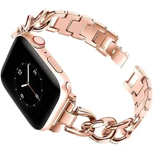 COKAB LLC Cuban Link Bracelet for Apple watch bands: 40mm 41mm 38mm 44mm 45mm 42mm|Stainless steel Metal Bracelet for iWatch Series 8 7 6 5 4 3 SE – Rosy Golden/Black colors Wearable Accessories Metal