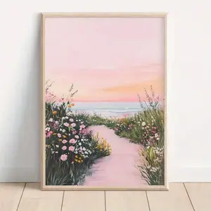 1pc Vintage Coastal Beach Poster - Soft Pink Wildflowers & Ocean Seascape Painting In Pastel Pink, Peach, Green - Canvas Wall Art Print For Living Room, Bedroom, Office - Unframed Decor Gift For Housewarming, Wedding, Birthday - Indoor/Outdoor Use