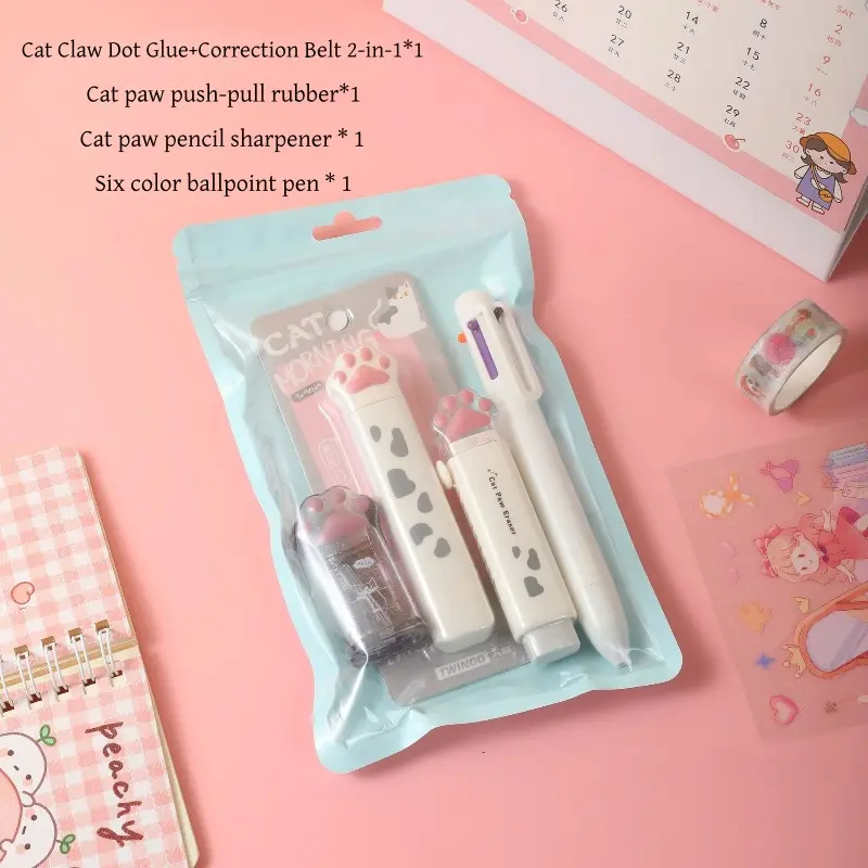Cute Cat Paw Stationery Set, Includes Pencil Sharpener, Retractable Eraser, Glue Stick + Correction Tape, School Office Supplies, Classroom Supplies, Student Essentials, Desk Supplies Set, Homeschool Supplies, Aesthetic School Supplies, Study Supplies