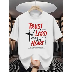 Christian Faith Men's T-Shirt Trust in the Lord with All Your Heart Cross Print Pattern Premium Durable Casual Crew Neck Short Sleeve